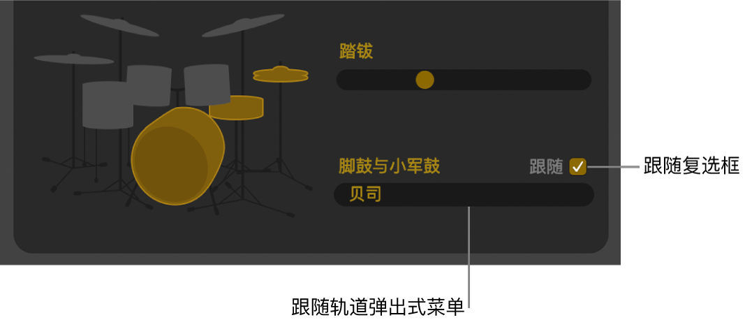 显示“跟随”复选框和“跟随轨道”弹出式菜单的鼓手编辑器。