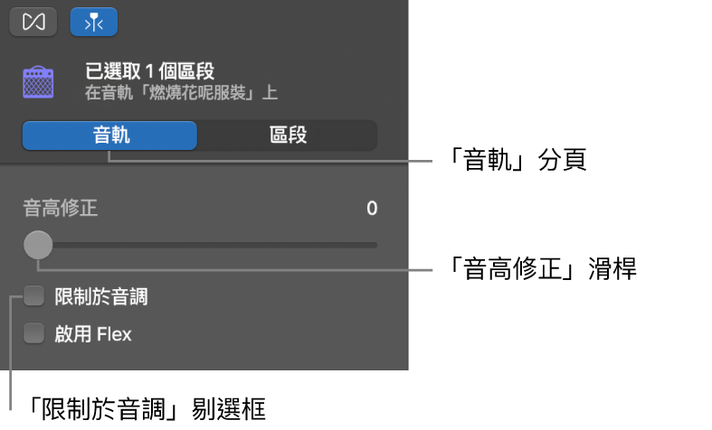「音軌」模式中的「音訊編輯器」檢閲器，顯示「音高修正」滑桿和「限制於音調」剔選框。
