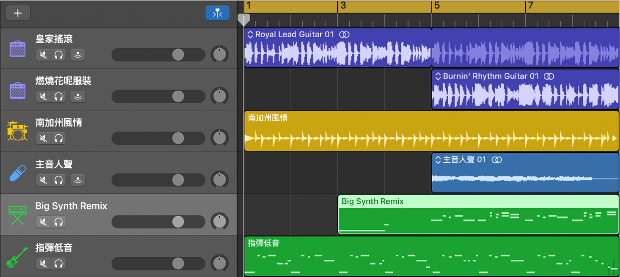 「音軌」區域中的不同音軌類型。