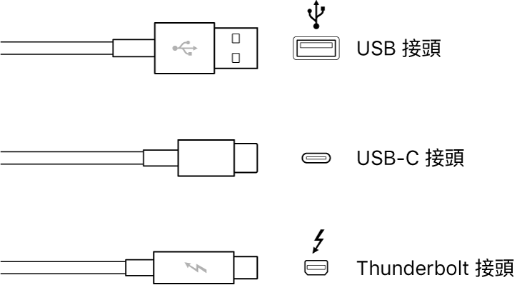 USB 和 Thunderbolt 連接器類型的插圖。
