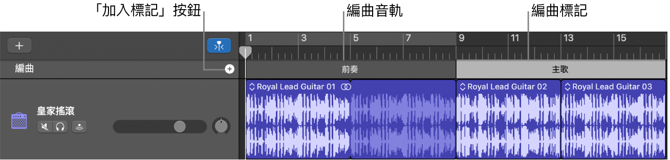 顯示「加入標記」按鈕和「編曲」區段的編曲音軌。