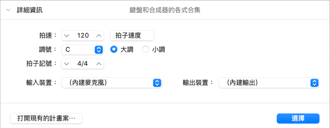 已開啟「計畫案選擇器」的「詳細資訊」區域,顯示參數