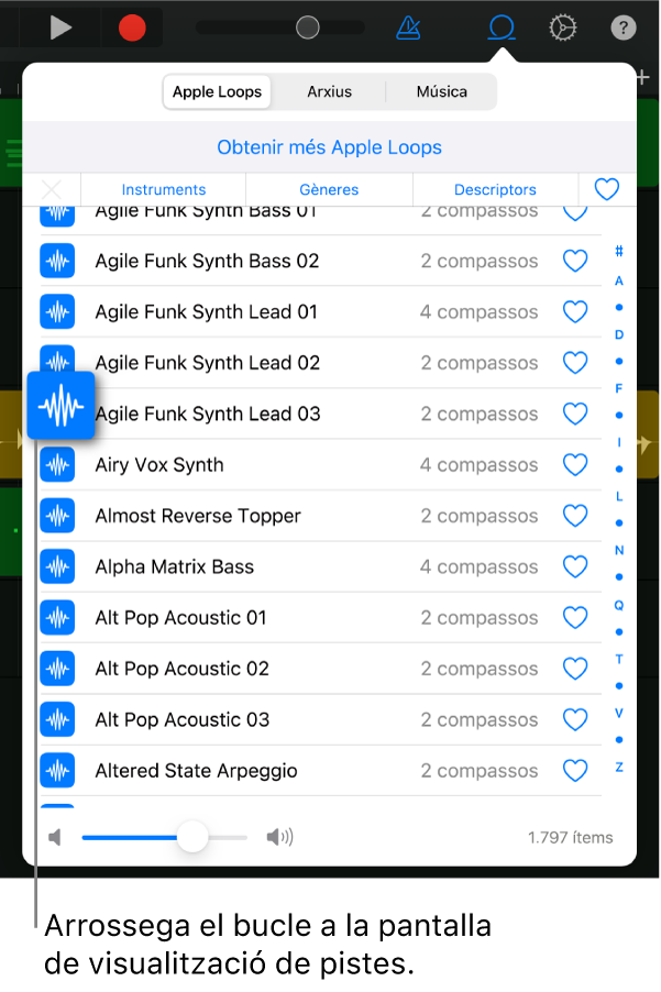 Arrossegar un bucle a la visualització de pistes