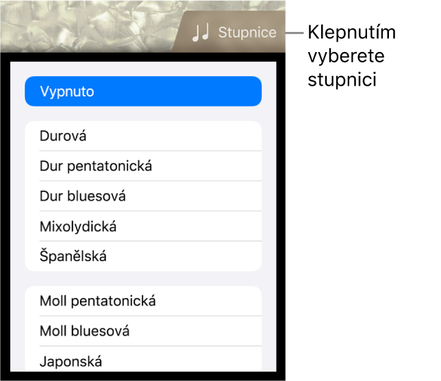 Tlačítko Stupnice a seznam stupnic u basy