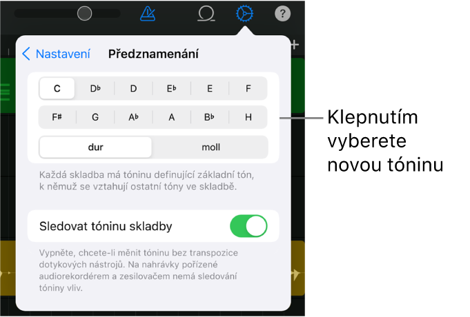 Nastavení skladby s ovládacími prvky pro tóninu
