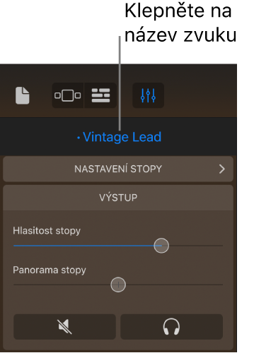Obrázek. Název aktuálního zvuku nad ovládacími prvky stopy
