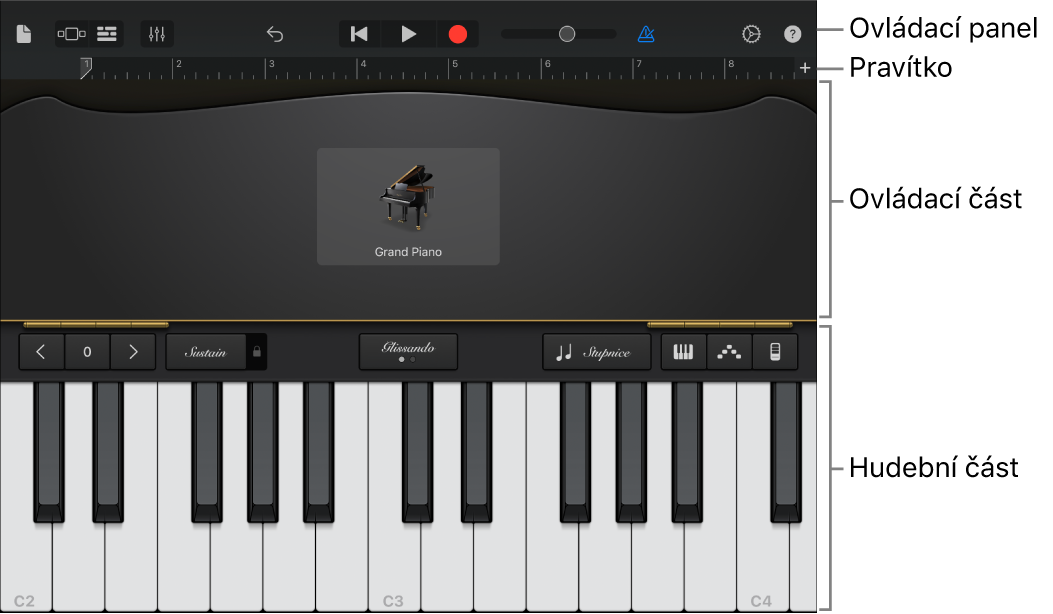 Hudební a ovládací část dotykového nástroje