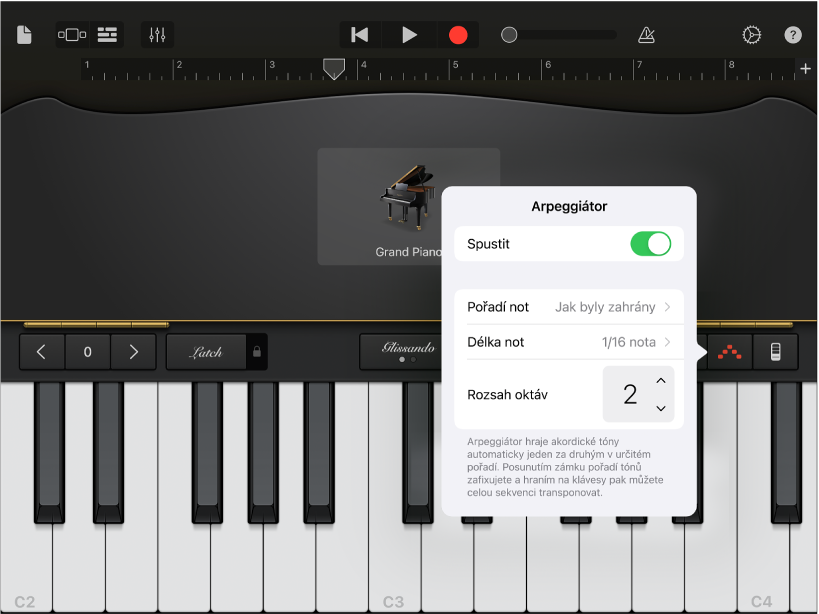 Ovládací prvky arpeggiátoru na klávesách