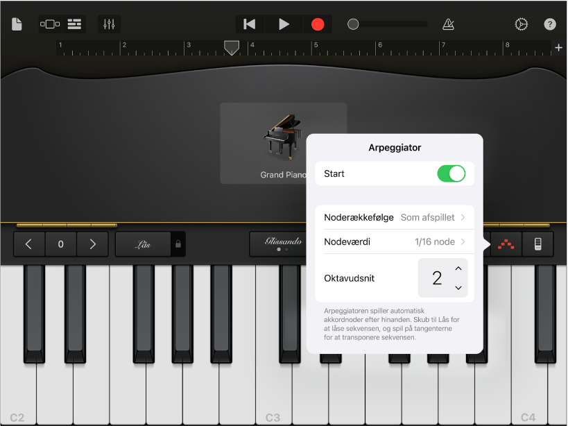 Keyboard-betjeningsmuligheder til arpeggiatorfunktion