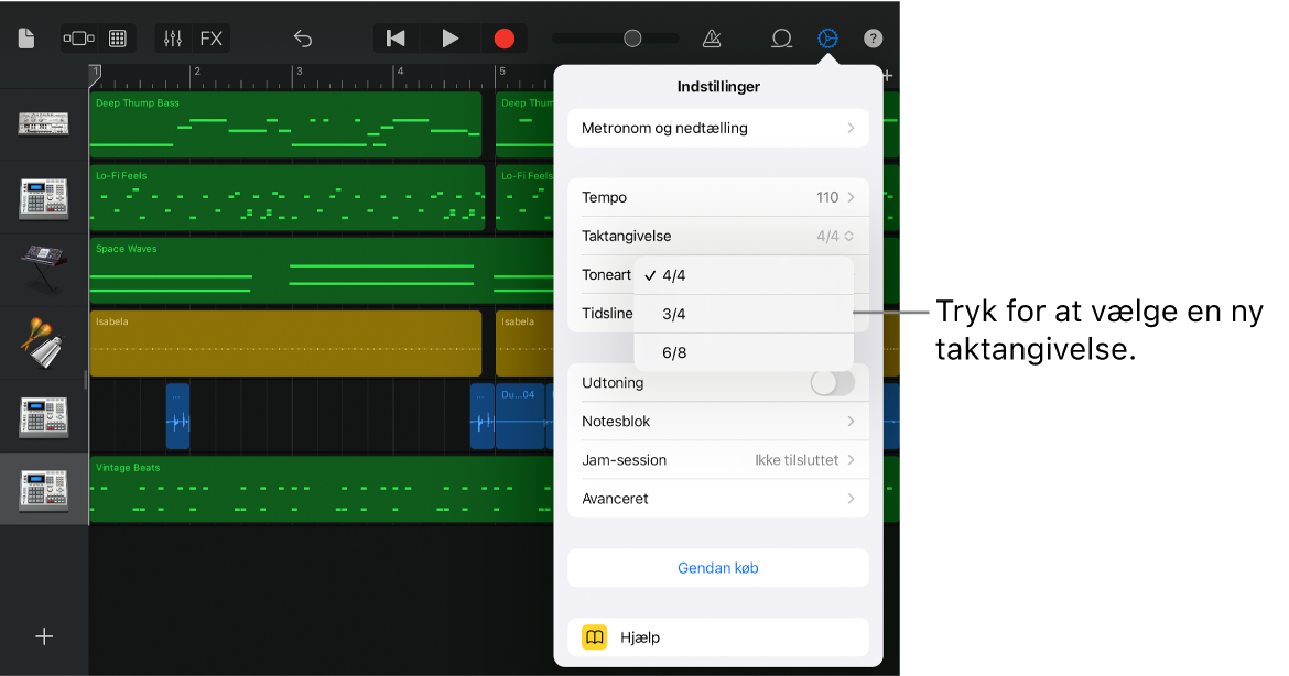 Sangindstillinger, inklusive taktangivelse