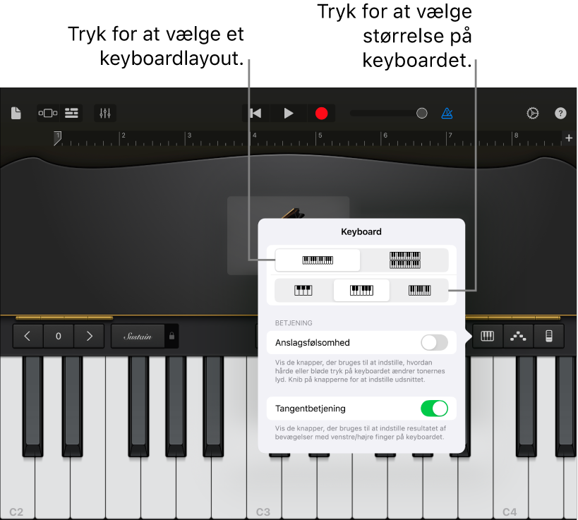 Betjeningsmuligheder til ændring af klaviaturets layout og størrelse