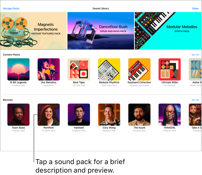 Tap a content pack for a brief description and preview.