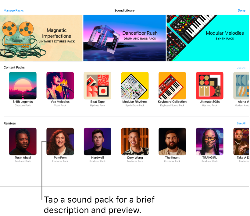 Tap a content pack for a brief description and preview.