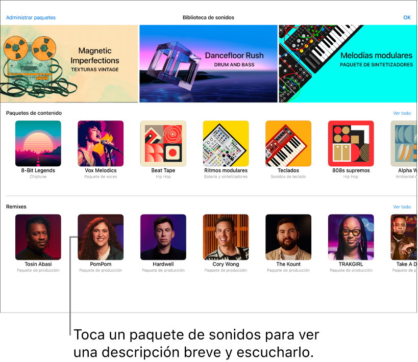 Toca un paquete de contenido para ver una descripción breve y escucharlo.