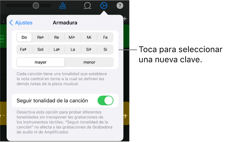 Ajustes de la canción, incluidos los controles de tonalidad