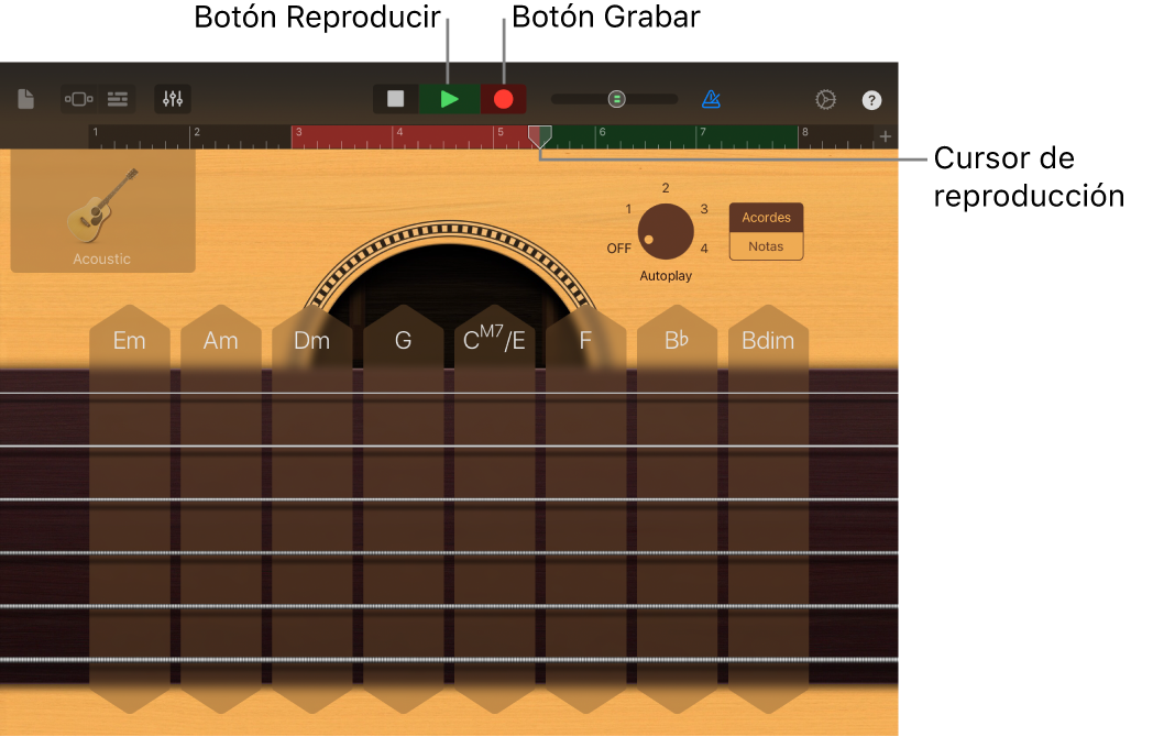 Botón Grabar y regla con el pasaje grabado