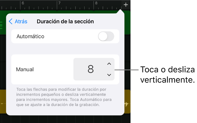 Controles para cambiar la duración de una sección de canción