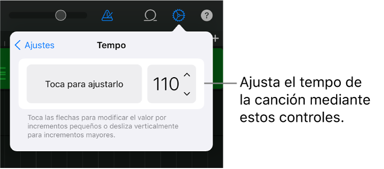 Ajustes de la canción, incluidos los controles de tempo