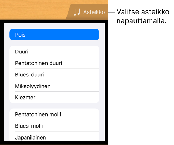 Kitaran Asteikko-painike ja sävelasteikkoluettelo