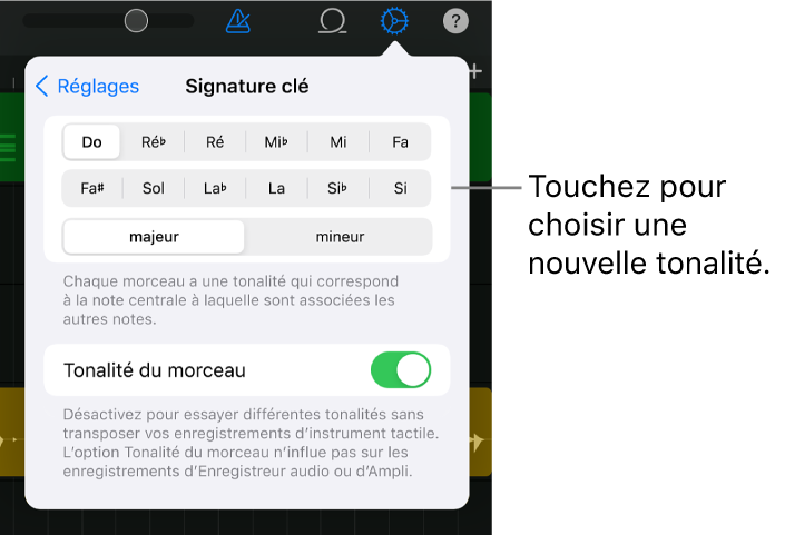 Réglages du morceau, y compris les réglages de clé