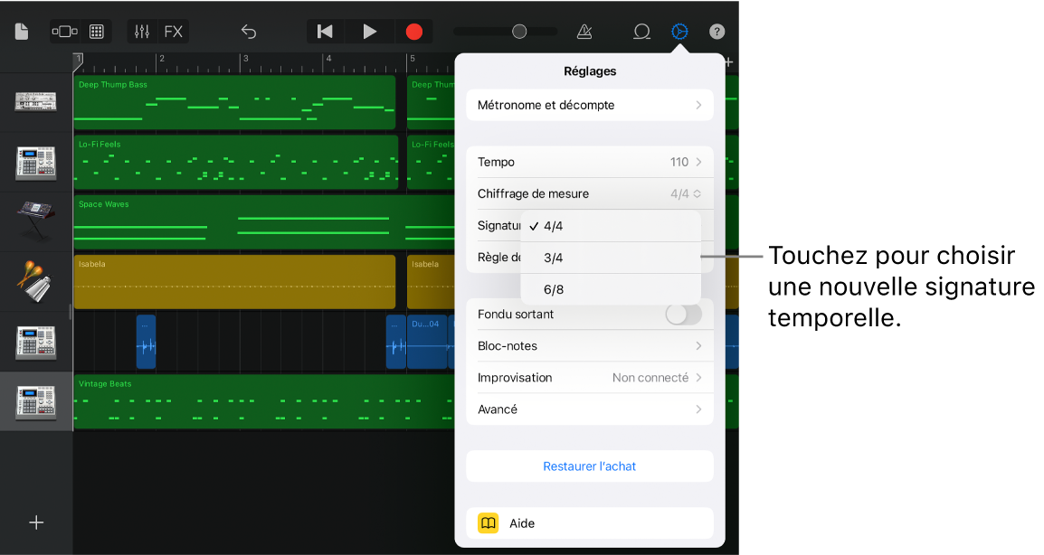 Réglages du morceau, y compris les réglages de signature temporelle