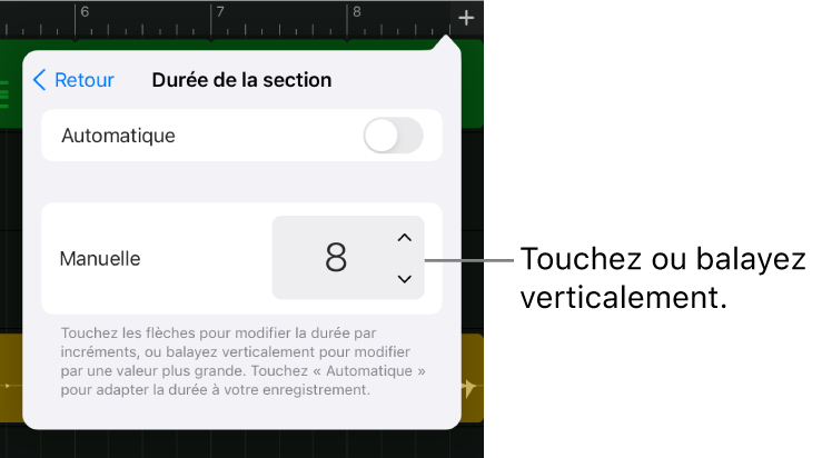 Commandes de modification de la durée d’une section de morceau