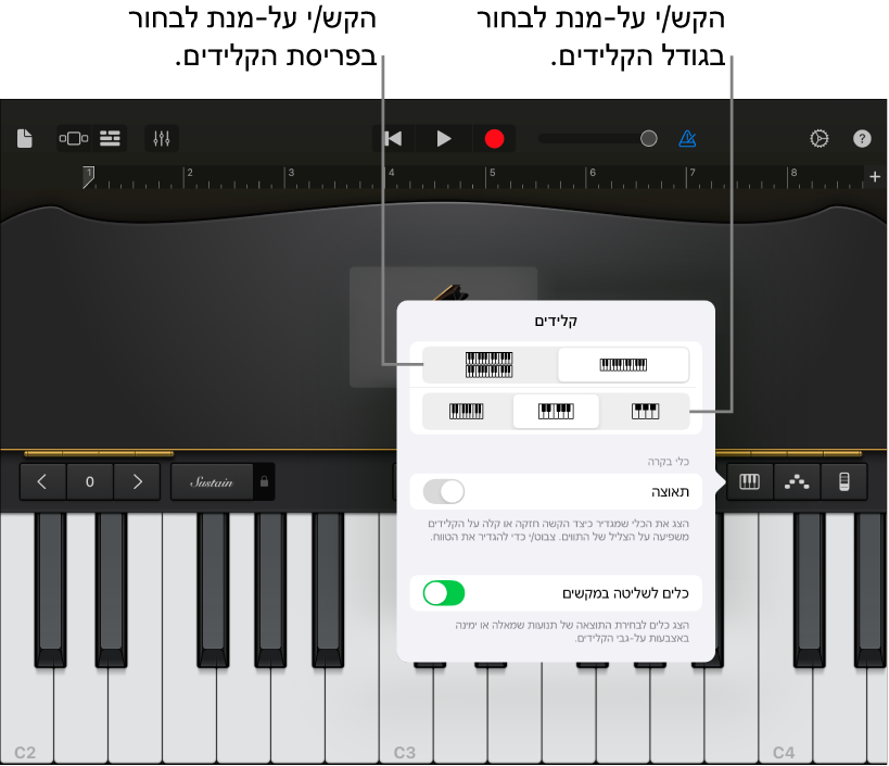 בקרי פריסה וגודל של הקלידים