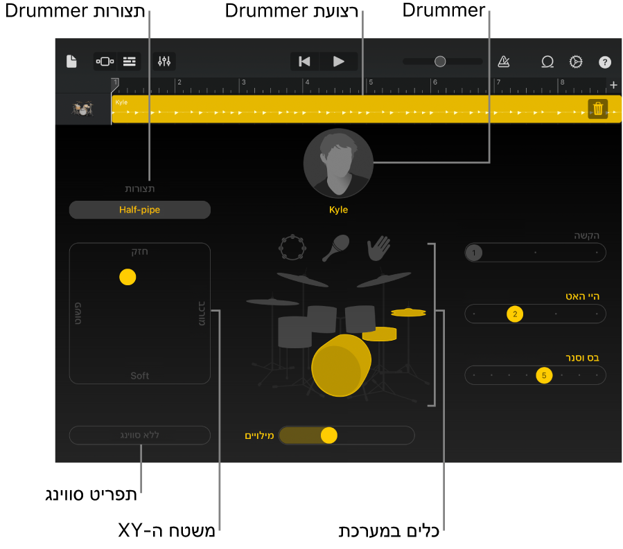 Drummer עם אזורי ממשק גדולים