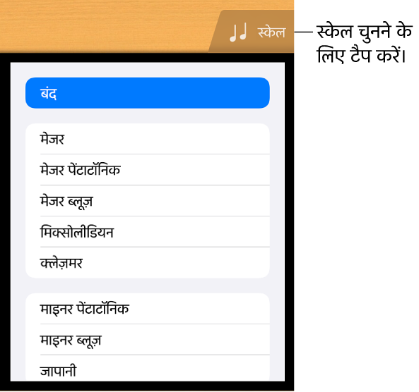“गिटार स्केल” बटन और स्केल सूची