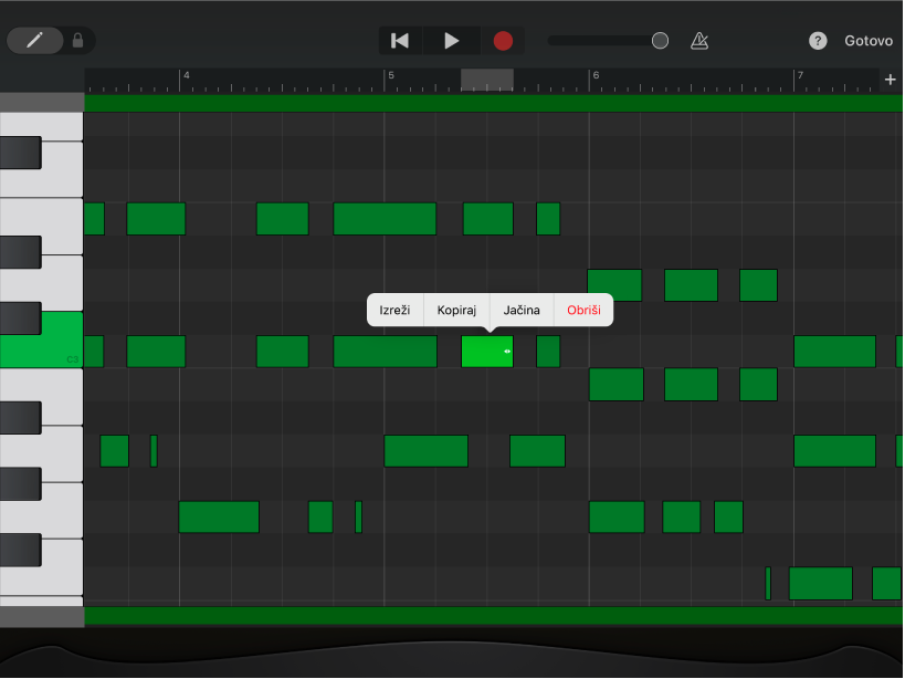 Prozor za uređivanje s notom odabran
