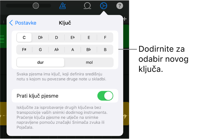Postavke pjesme, uključujući kontrole tonaliteta.