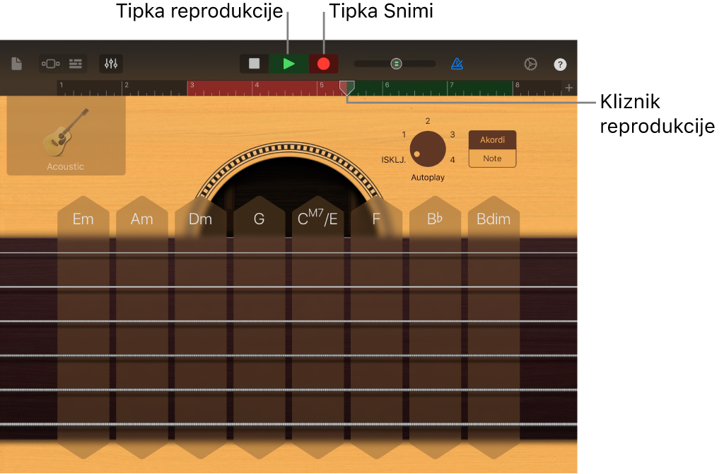 Tipka Snimanje i ravnalo pokazuju snimljeno područje