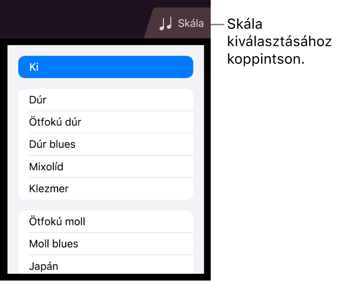 A vonósok Skála gombja és a skálák listája