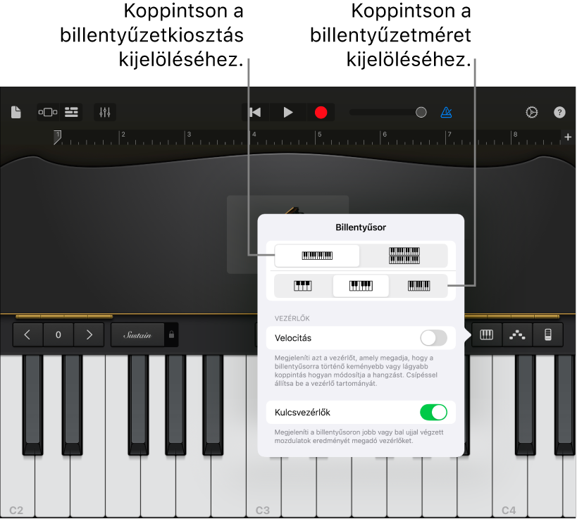 A billentyűzetkiosztás és -méret vezérlői