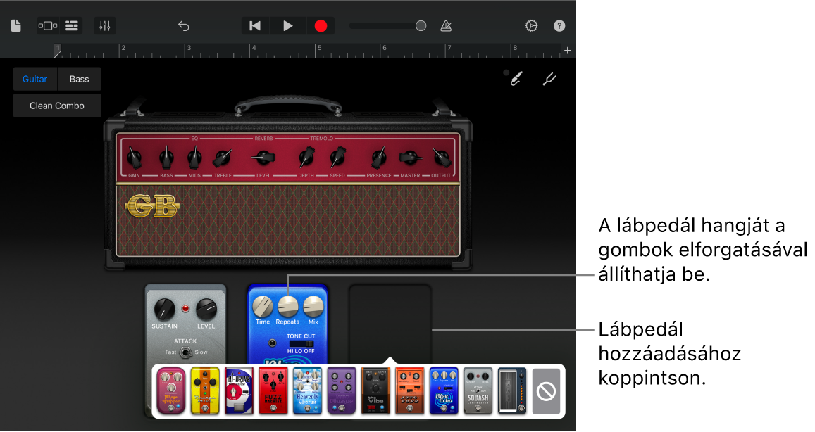 Gitárerősítő-lábpedál szerkesztőterülete