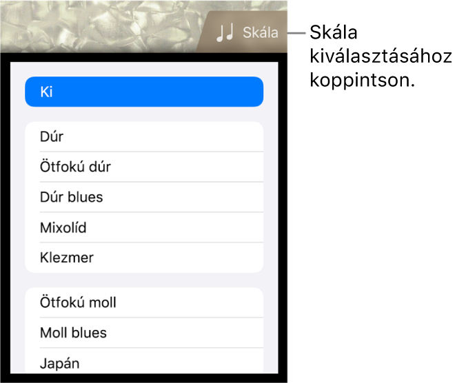 A Basszus Skála gombja és a skálák listája