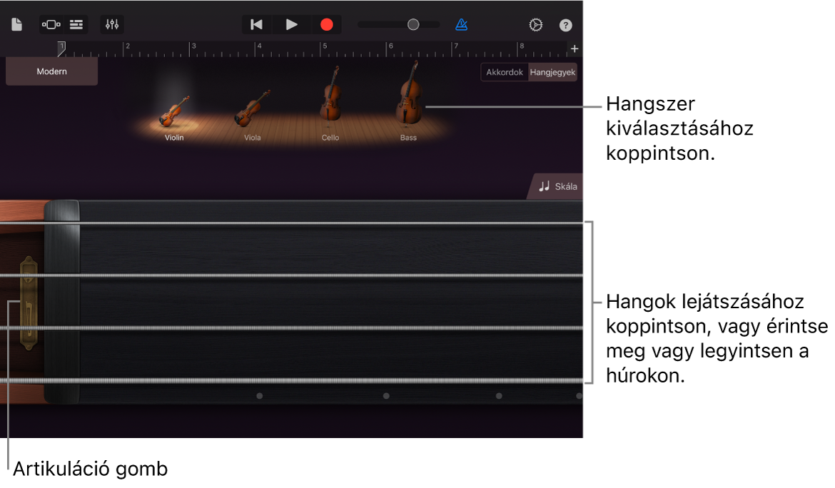 Hangok nézet a húros érintőhangszerekhez