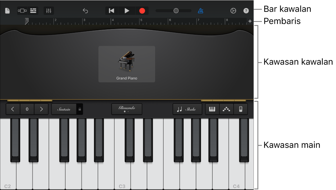 Instrumen Sentuh memaparkan kawasan kawalan dan main