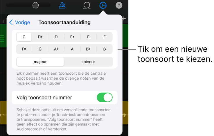Nummerinstellingen, inclusief toonsoortregelaars