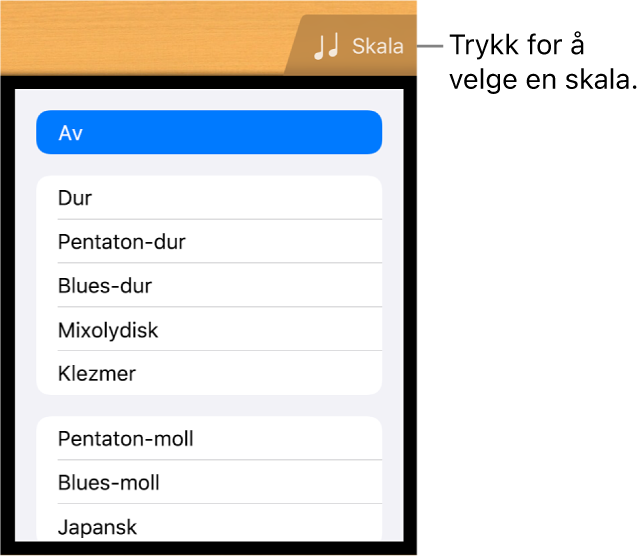 Skala-knapp og skalaliste for Gitar