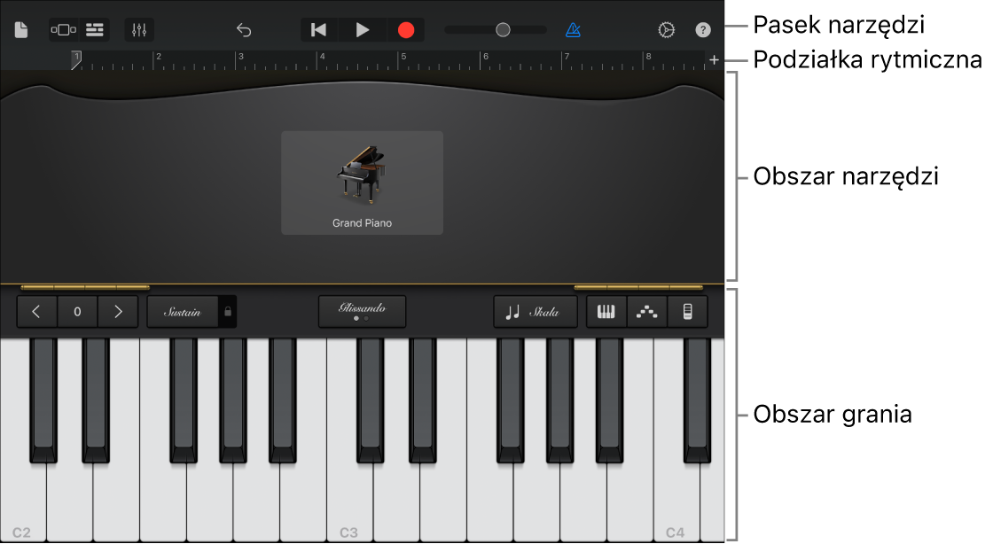 Instrument dotykowy z pokazanym obszarem służącym do grania oraz obszarem narzędzi