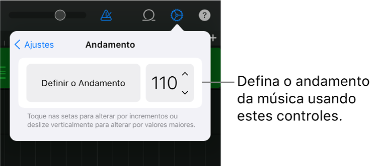 Ajustes de música, incluindo os controles de andamento