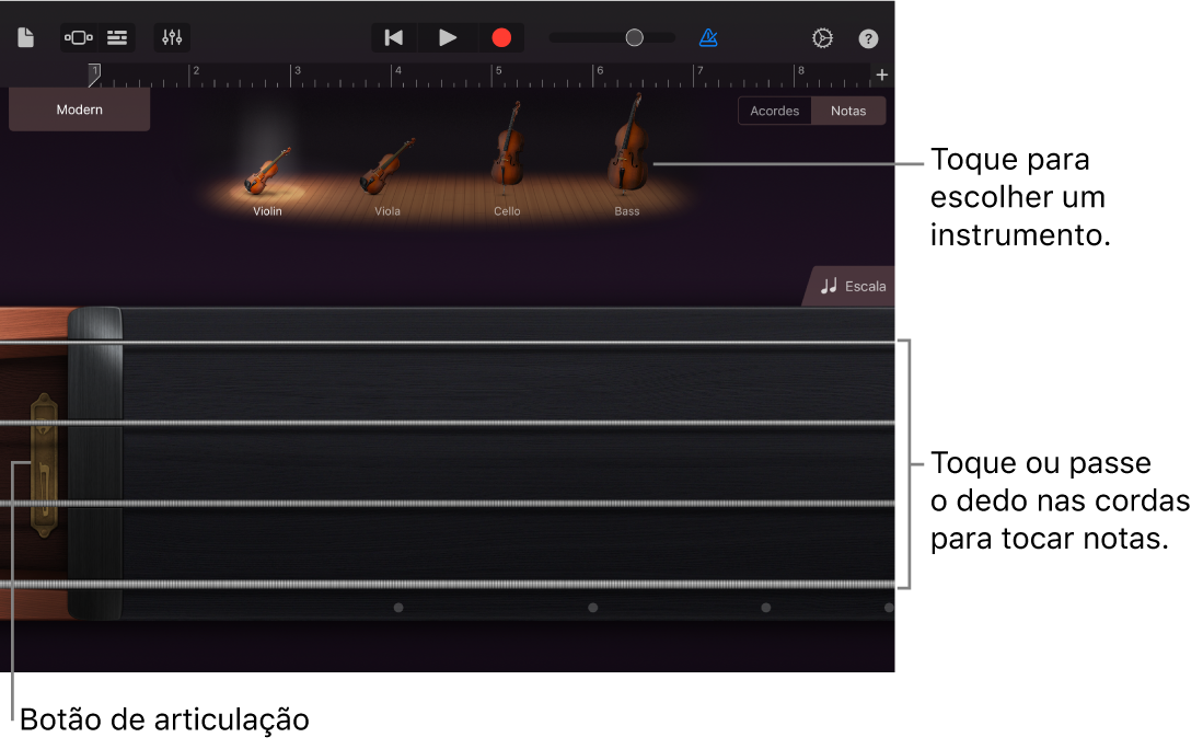 Visualização de notas no Instrumento Touch Cordas