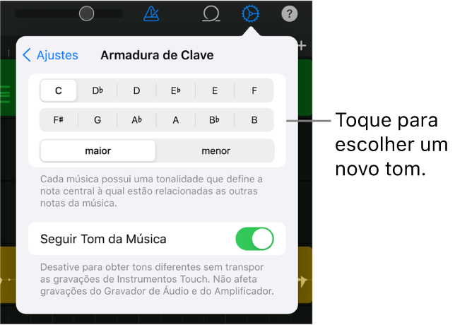 Ajustes de música, incluindo os controles de tom