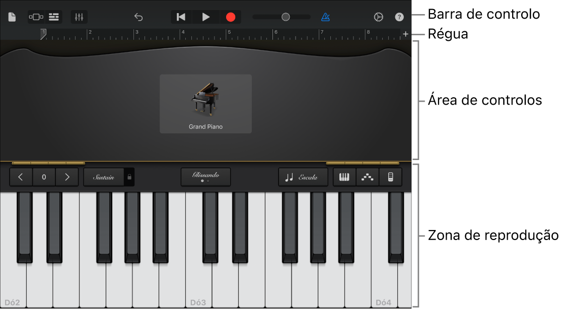 Instrumento táctil com as áreas de controlos e ensaio visíveis