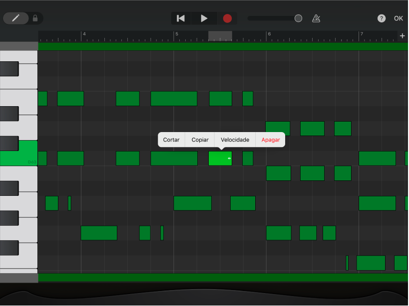 Editor com uma nota selecionada