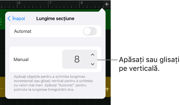 Comenzi pentru modificarea lungimii unei secțiuni de melodie