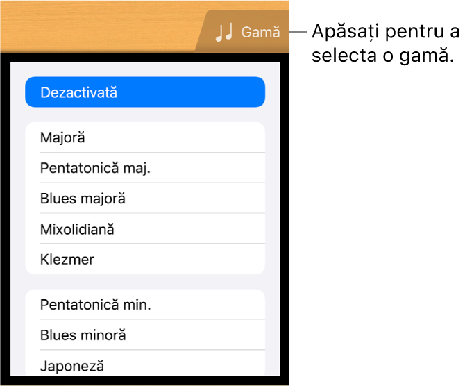 Buton gamă Chitară și listă Gamă