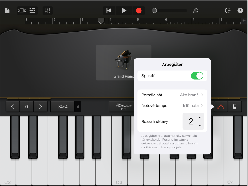 Tlačidlo Arpegiátor na klaviatúre