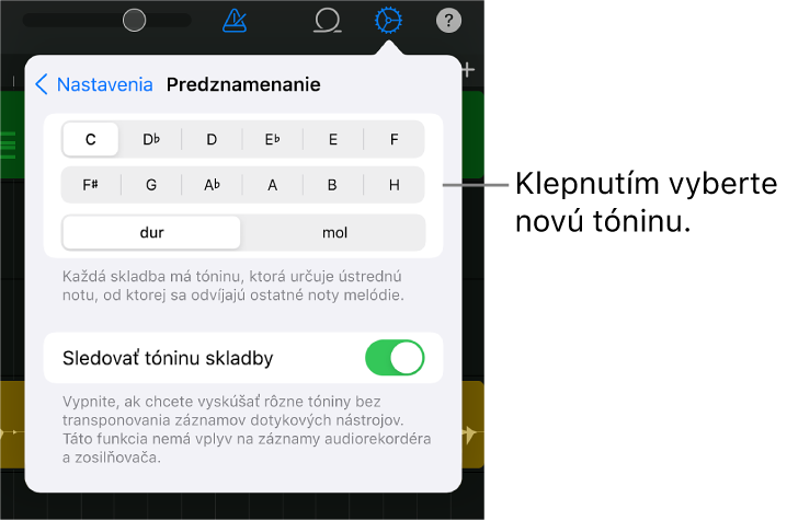 Nastavenia skladby, vrátane ovládania tóniny